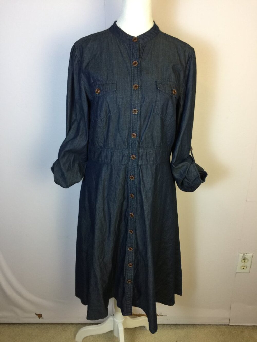 eShakti A-line Shirt Dress Size M/10 Womans Blue Chambray Roll Tab Sleeve Button